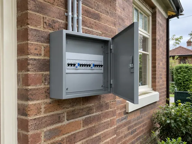 External metal switchboard mounted on a brick house wall beside a window in Epping